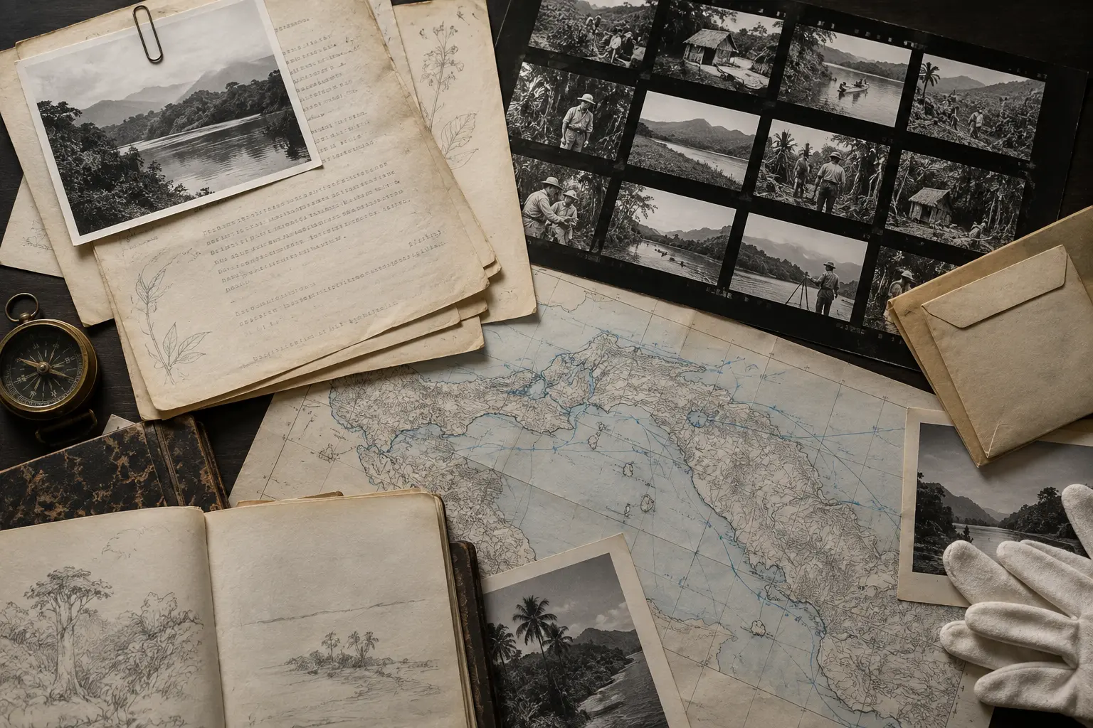 Maps, notebooks, photographs and archival papers arranged on a research table