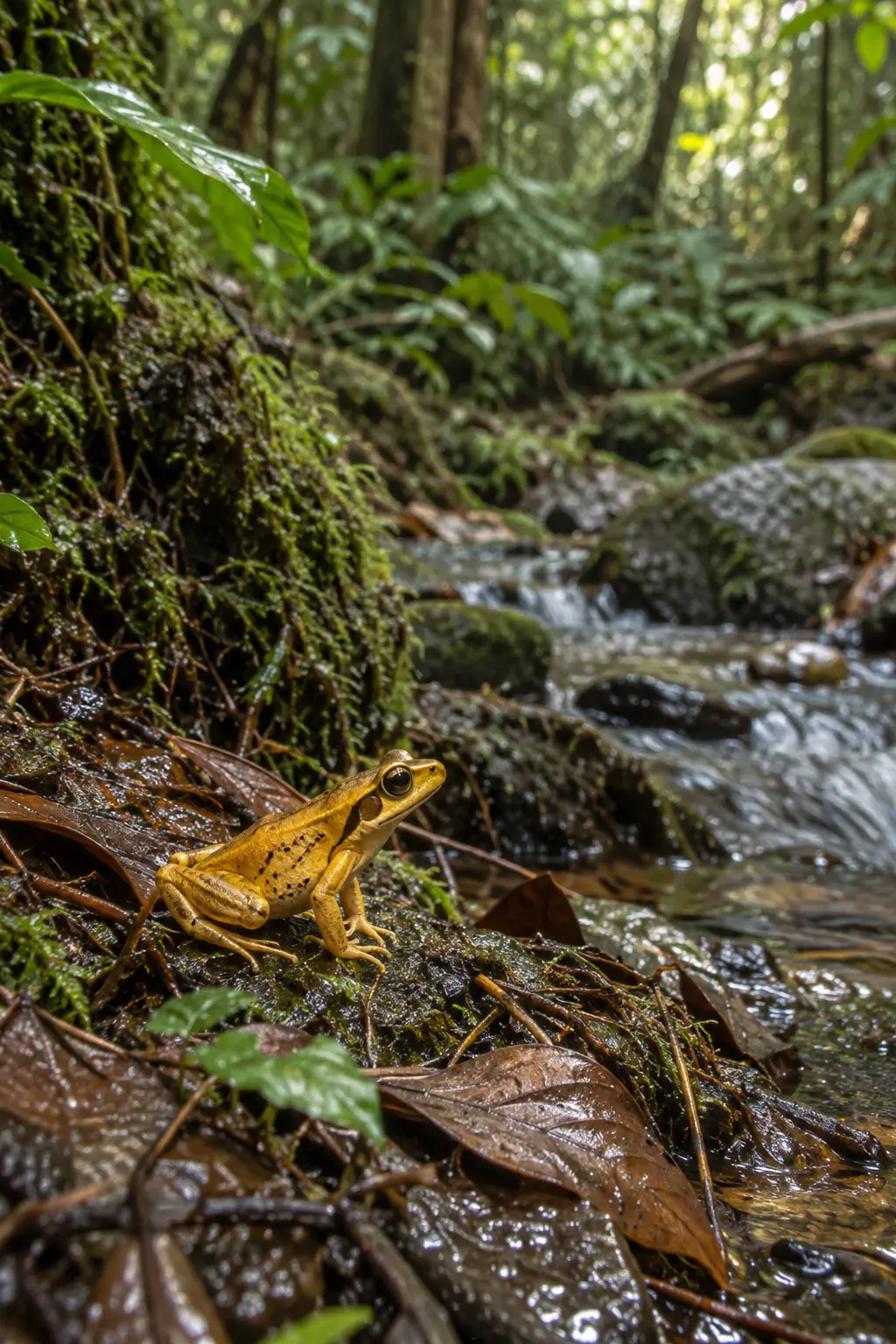 A golden-coloured frog beside a forest stream