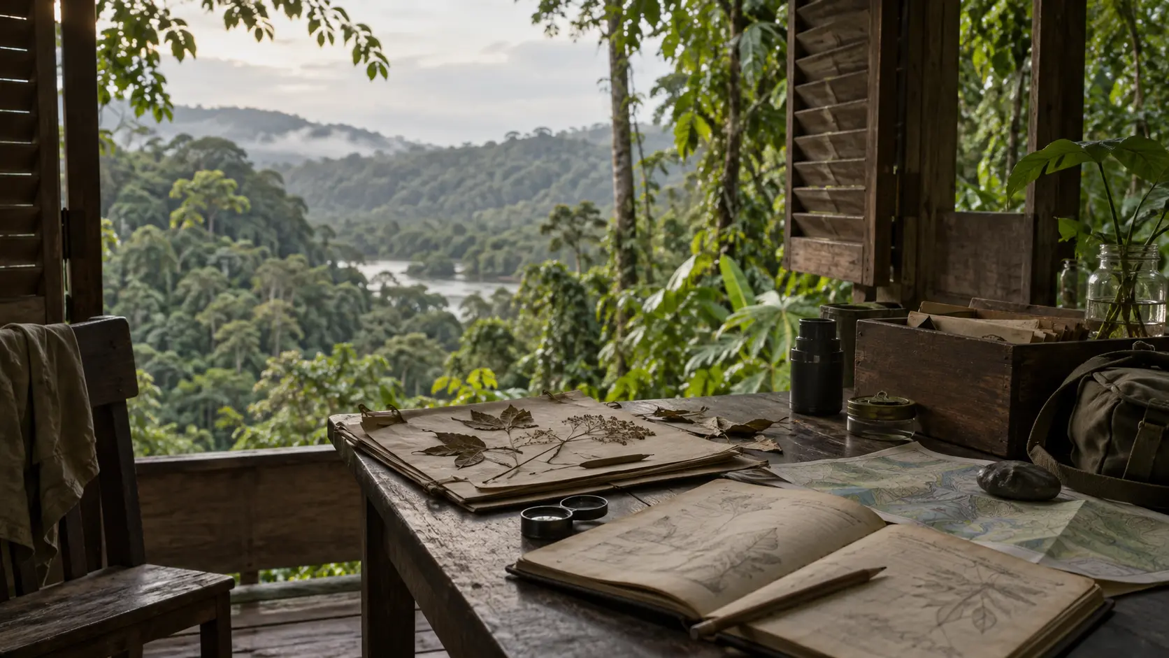 A research table with field notebooks, plant specimens and maps overlooking tropical forest